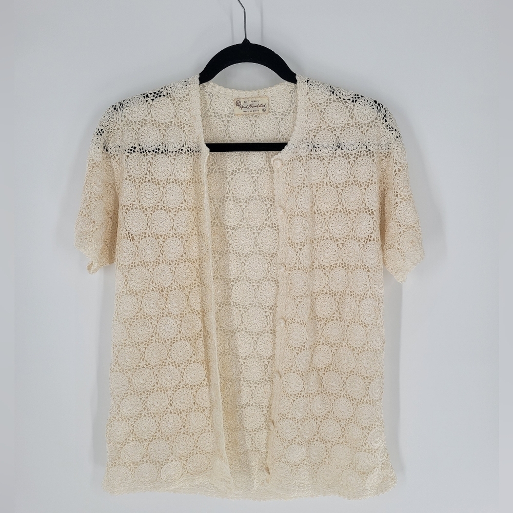 VINTAGE CROCHET cardigan‎ sweater cream color crochet buttons DELICATE RETRO